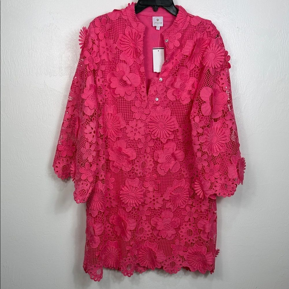 J. Marie Pink Floral Lace Mini Dress Appliqué Crochet Lined Size S - Picture 3 of 9